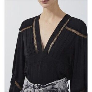 IRO Paris Size 40 US 8 Black Lace Pleated Crepe The Chine Blouse Boho Minimalist